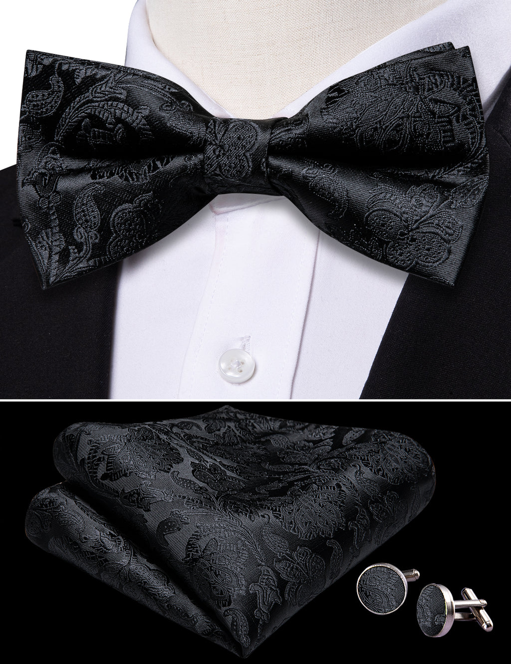 Black Paisley Bow Tie Set bow ties    - Sophisticated Gentlemen
