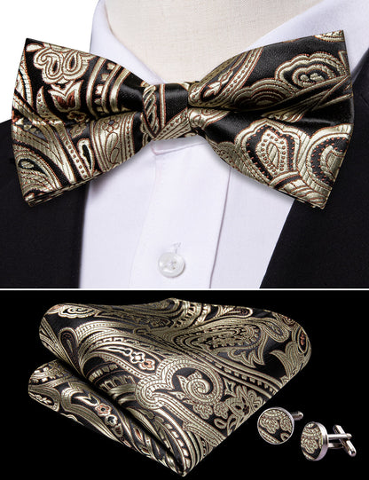 Black Golden Paisley Bow Tie Set bow ties    - Sophisticated Gentlemen