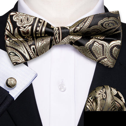 Black Golden Paisley Bow Tie Set bow ties    - Sophisticated Gentlemen