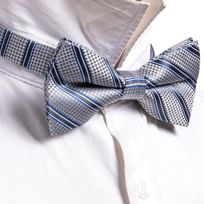 Silver Blue Striped Bow Tie Set bow ties    - Sophisticated Gentlemen