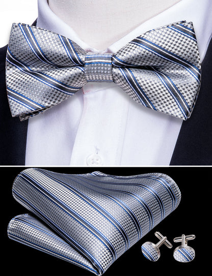 Silver Blue Striped Bow Tie Set bow ties    - Sophisticated Gentlemen