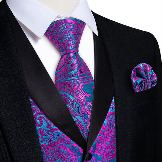 Turquoise & Fuchsia Paisley Silk Vest Set Vest set S (Chest 40) - Sophisticated Gentlemen