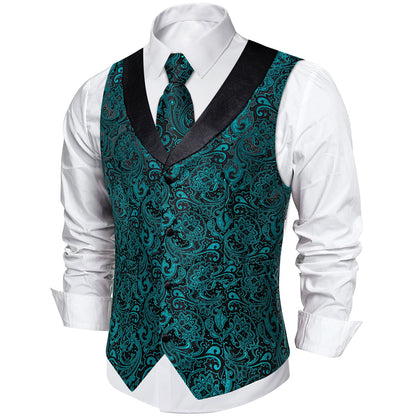 Teal Green Paisley Vest Set with Black Collar vest set    - Sophisticated Gentlemen