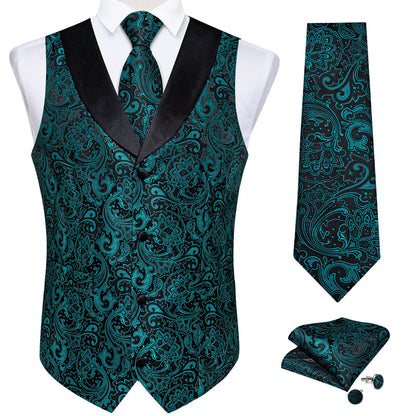 Teal Green Paisley Vest Set with Black Collar vest set    - Sophisticated Gentlemen