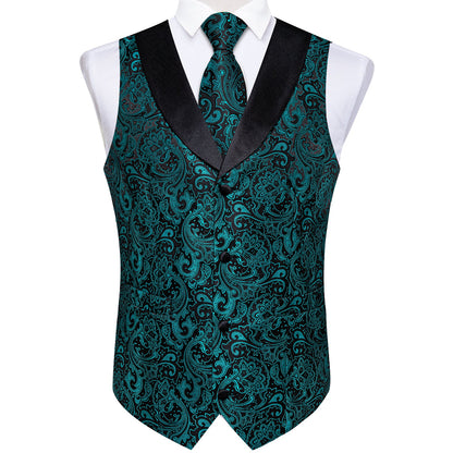 Teal Green Paisley Vest Set with Black Collar vest set    - Sophisticated Gentlemen