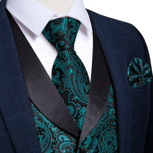Teal Green Paisley Vest Set with Black Collar vest set S (Chest 41)   - Sophisticated Gentlemen
