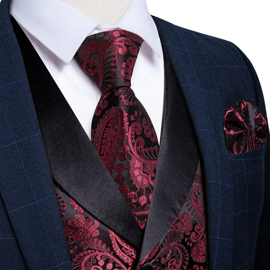 Red Paisley Vest Set with Black Collar vest set S (Chest 41)   - Sophisticated Gentlemen