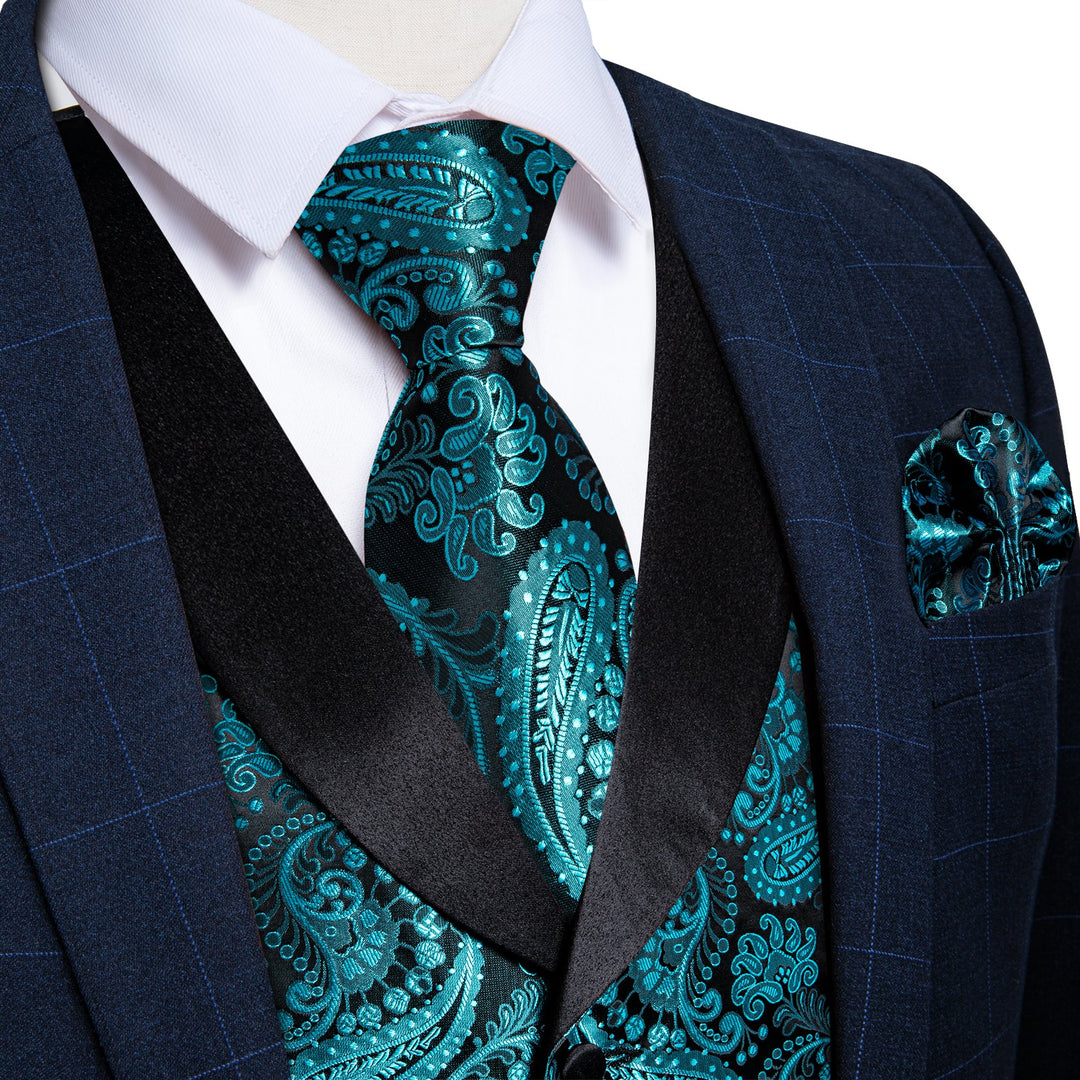 Teal Paisley Vest Set with Black Collar vest set S (Chest 41)   - Sophisticated Gentlemen
