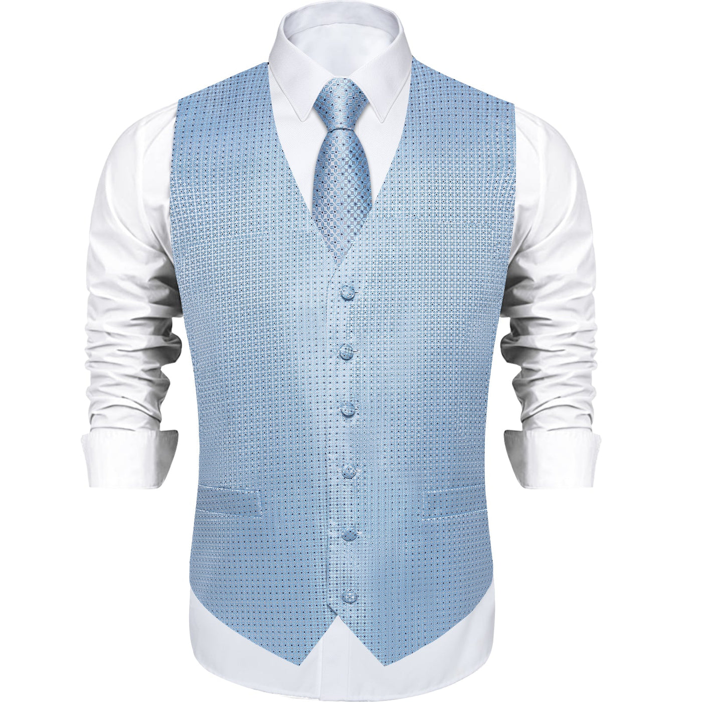 Supernova Silk Vest, Tie & Pocket Square Set - Light Blue Geometric Pattern vest set - Sophisticated Gentlemen