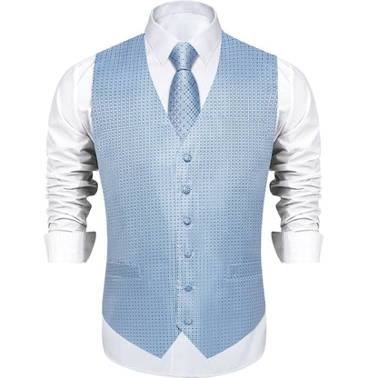 Supernova Silk Vest, Tie & Pocket Square Set - Light Blue Geometric Pattern vest set - Sophisticated Gentlemen