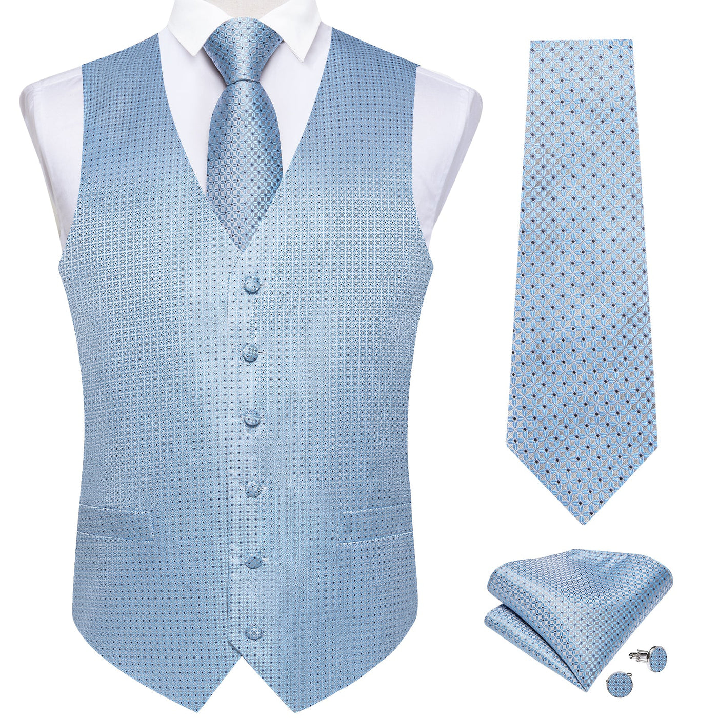 Supernova Silk Vest, Tie & Pocket Square Set - Light Blue Geometric Pattern vest set - Sophisticated Gentlemen