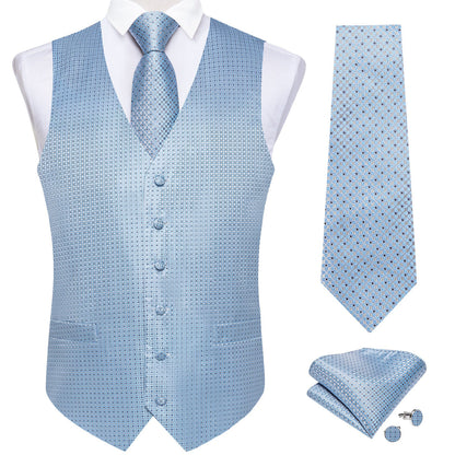 Supernova Silk Vest, Tie & Pocket Square Set - Light Blue Geometric Pattern vest set - Sophisticated Gentlemen