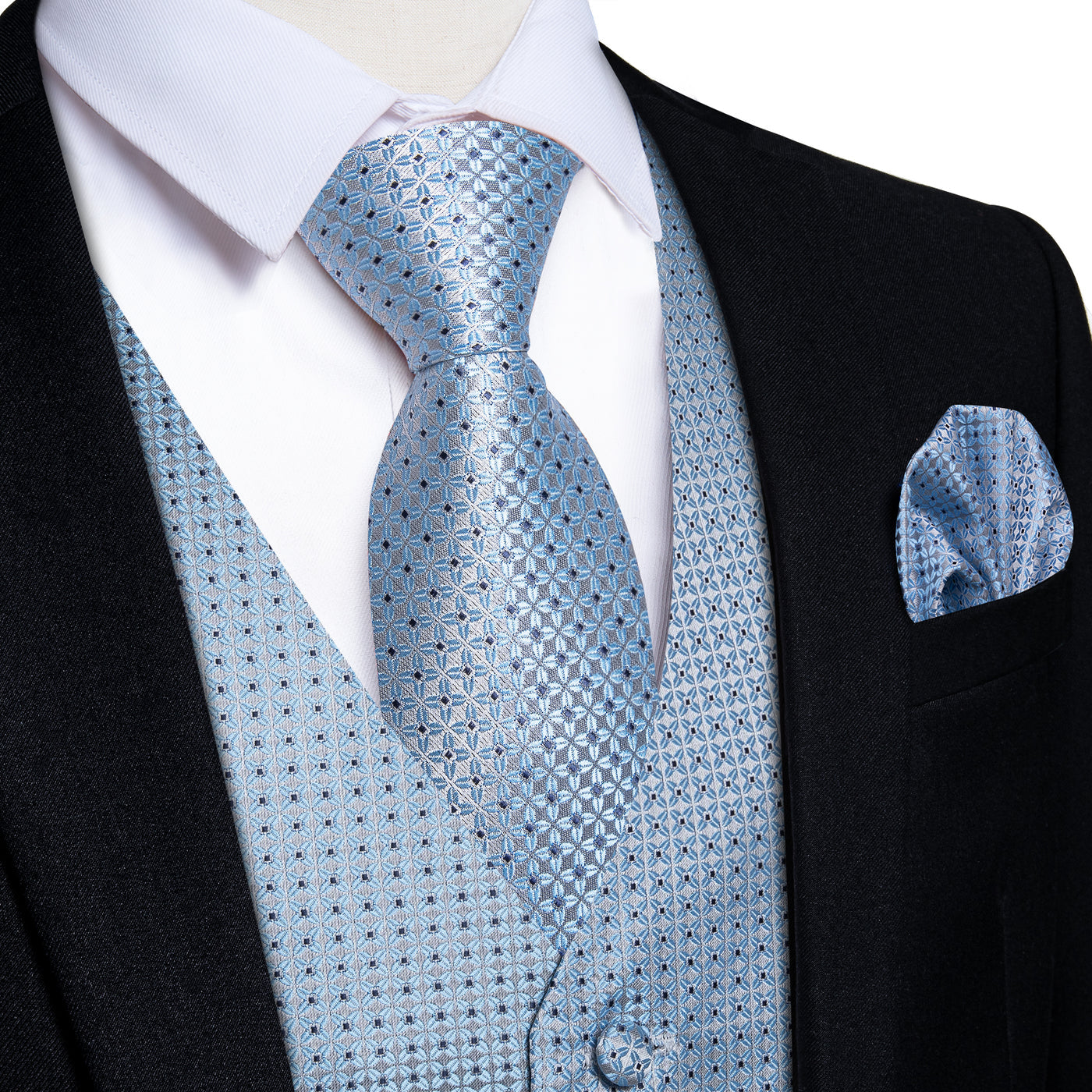 Supernova Silk Vest, Tie & Pocket Square Set - Light Blue Geometric Pattern vest set S (Chest 41) - Sophisticated Gentlemen