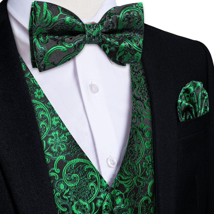 Black & Emerald Green Floral Jacquard Bowtie Vest Set vest set S (Chest 40") - Sophisticated Gentlemen