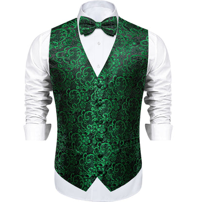 Black & Emerald Green Floral Jacquard Bowtie Vest Set vest set - Sophisticated Gentlemen