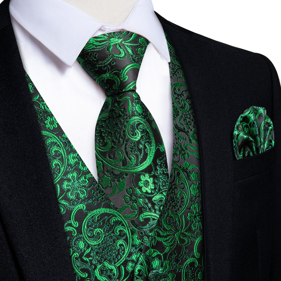 Black & Emerald Green Floral Jacquard Men's Vest Set vest set S (Chest 40") - Sophisticated Gentlemen