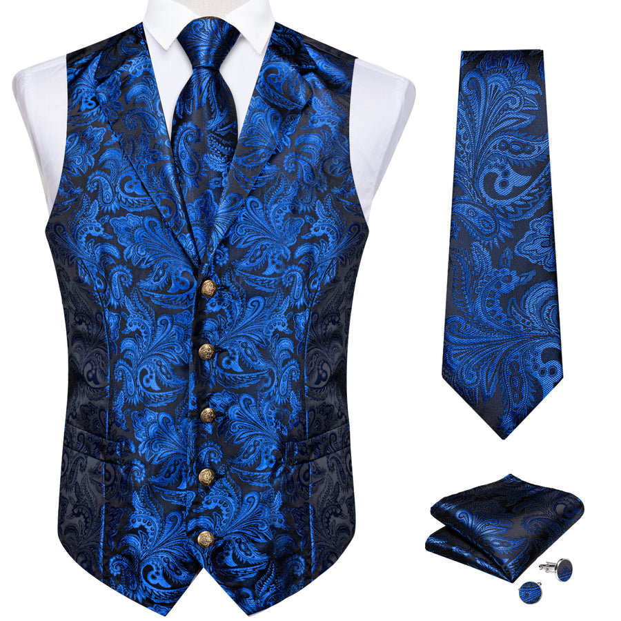 Regal Sapphire Paisley Notched Collar Vest Set vest set    - Sophisticated Gentlemen