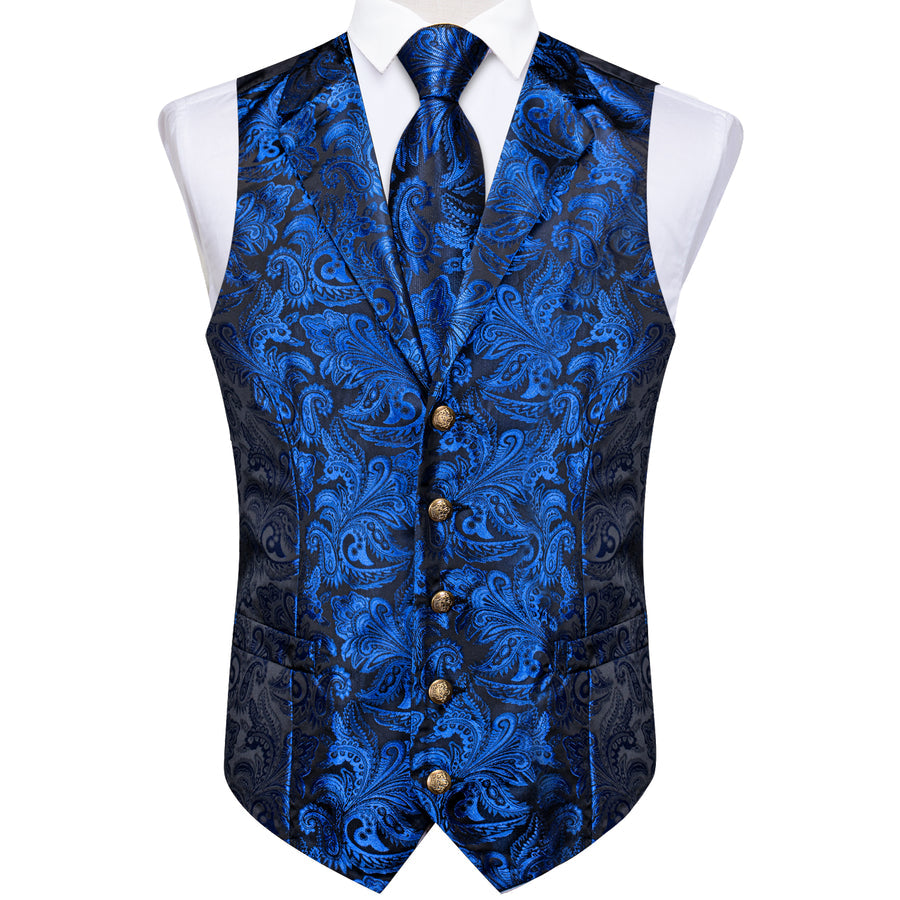 Regal Sapphire Paisley Notched Collar Vest Set vest set    - Sophisticated Gentlemen