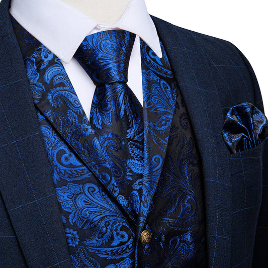 Regal Sapphire Paisley Notched Collar Vest Set vest set S (Chest 40")   - Sophisticated Gentlemen