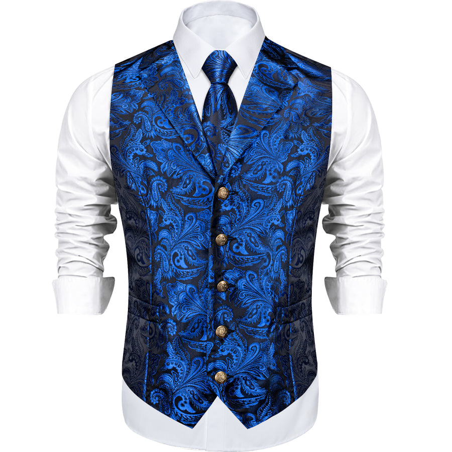 Regal Sapphire Paisley Notched Collar Vest Set vest set    - Sophisticated Gentlemen