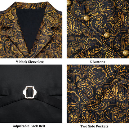 Black & Gold Paisley Silk Collar Vest Set vest set - Sophisticated Gentlemen