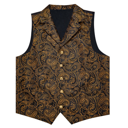 Black & Gold Paisley Silk Collar Vest Set vest set - Sophisticated Gentlemen