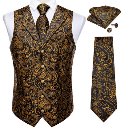 Black & Gold Paisley Silk Collar Vest Set vest set - Sophisticated Gentlemen