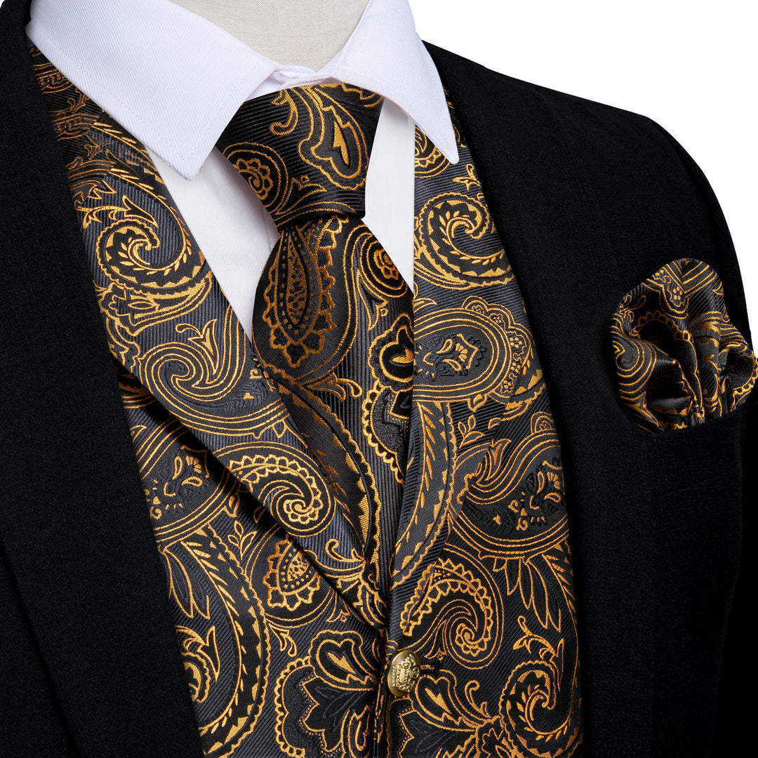 Gold and Black Paisley Jacquard Vest Set vest set S (Chest 40)   - Sophisticated Gentlemen