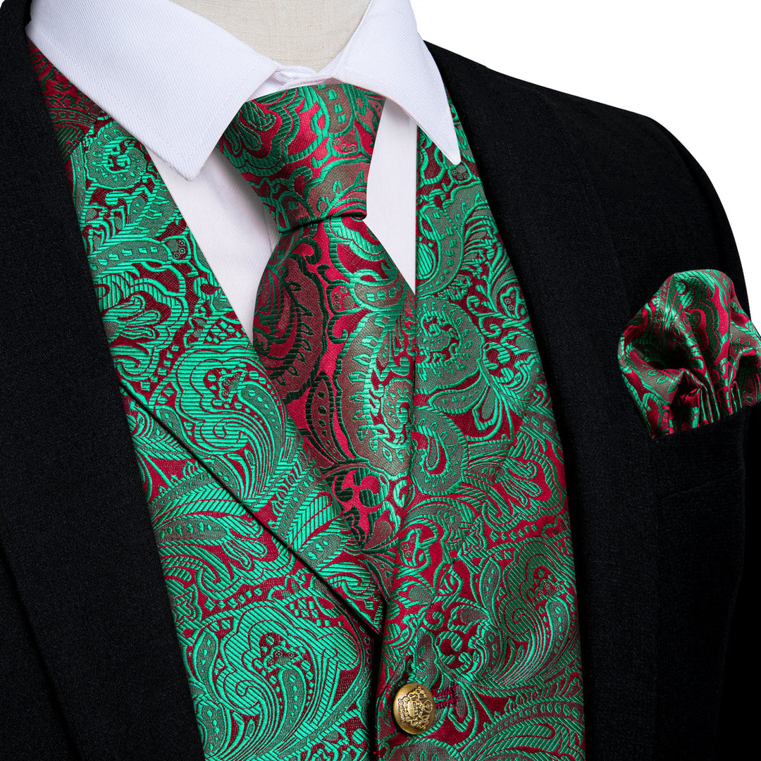 Green and Red Paisley Jacquard Vest Set vest set S (Chest 40)   - Sophisticated Gentlemen