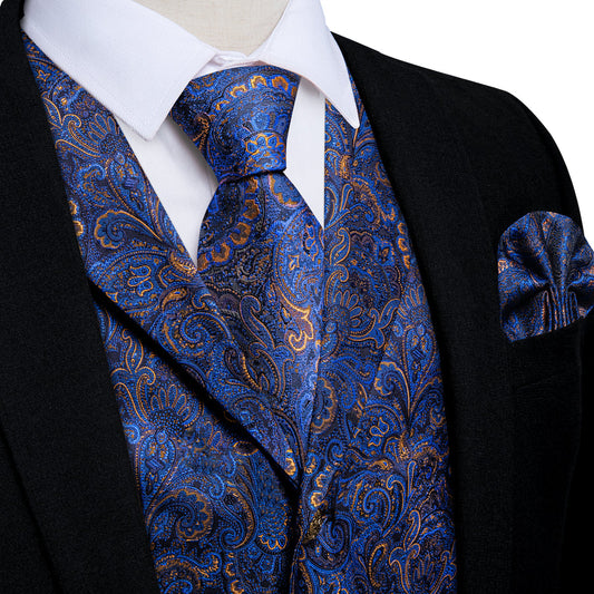 Navy & Gold Paisley Jacquard Vest & Bowtie Set vest set S (Chest 40") - Sophisticated Gentlemen