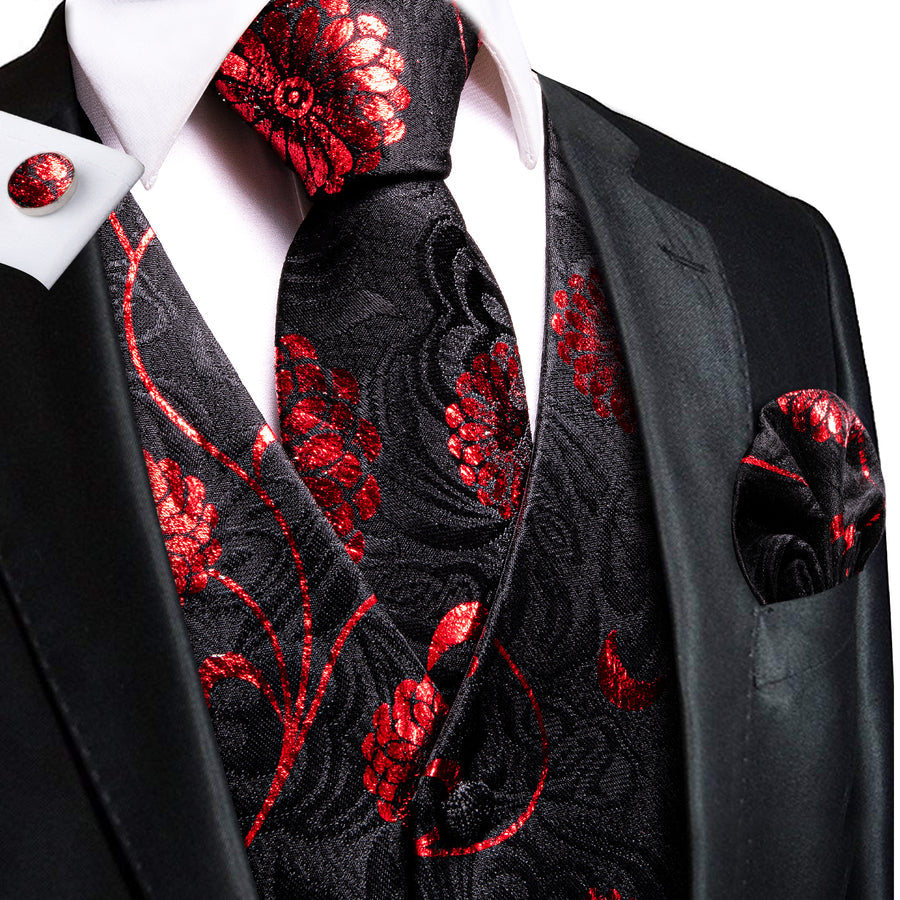 Black and Red Floral Vest Set vest set S (Chest 40")   - Sophisticated Gentlemen