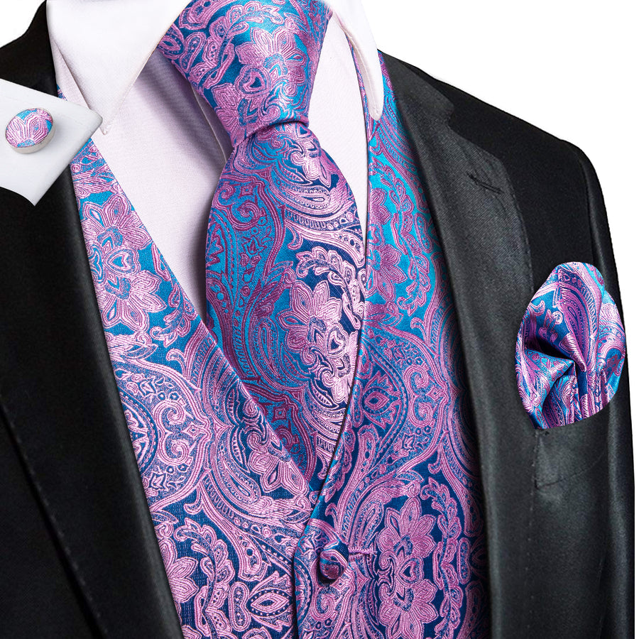 Blue and Purple Paisley Jacquard Silk Vest Set vest set S (Chest 40")   - Sophisticated Gentlemen