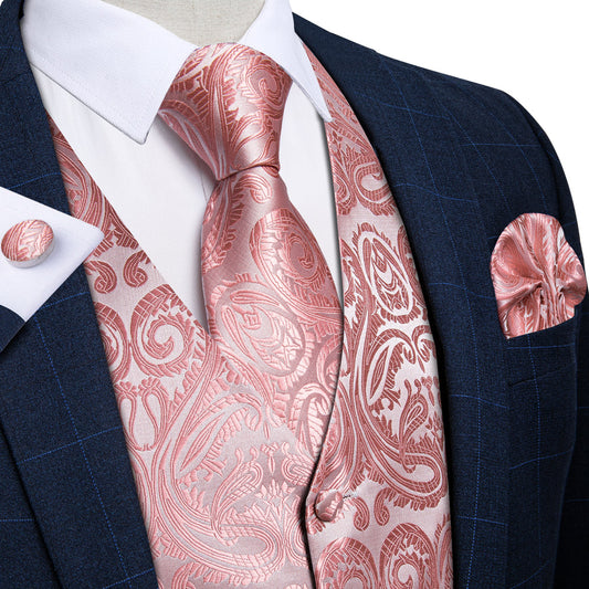 Blush Pink Paisley Silk Vest Set vest set S (Chest 40") - Sophisticated Gentlemen