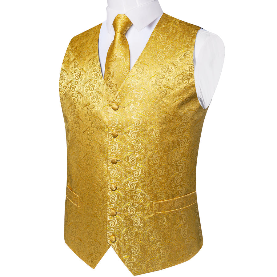 Radiant Gold Paisley Jacquard Silk Vest Set vest set    - Sophisticated Gentlemen