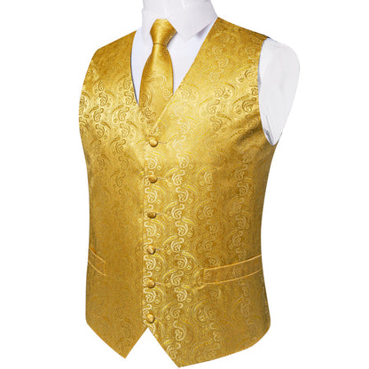 Radiant Gold Paisley Jacquard Silk Vest Set vest set    - Sophisticated Gentlemen