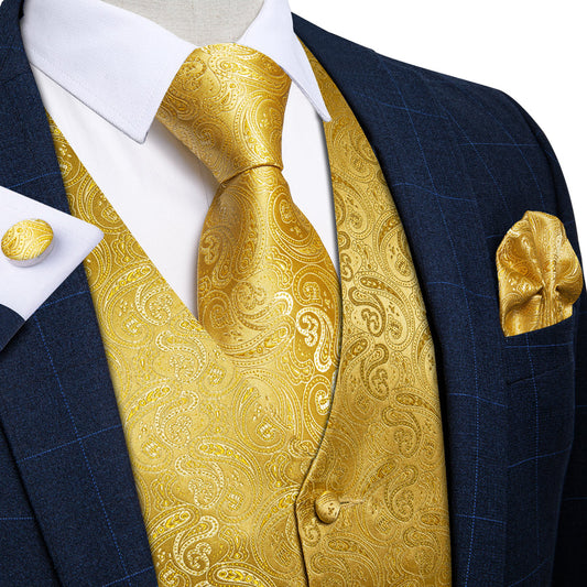 Radiant Gold Paisley Jacquard Silk Vest Set vest set S (Chest 40")   - Sophisticated Gentlemen