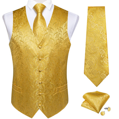 Radiant Gold Paisley Jacquard Silk Vest Set vest set    - Sophisticated Gentlemen