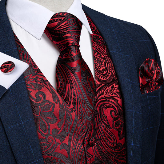 Red and Black Paisley Jacquard Silk Vest Set vest set S (Chest 40")   - Sophisticated Gentlemen