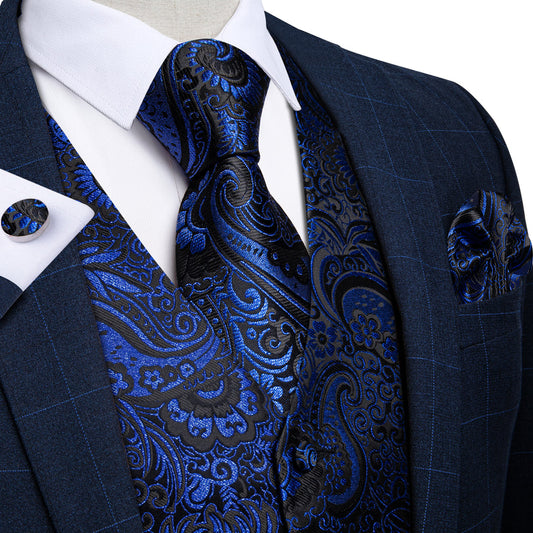 Midnight Blue Paisley Jacquard Silk Vest Set vest set S (Chest 40")   - Sophisticated Gentlemen