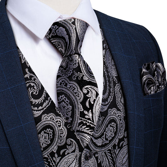 Black and Gray Paisley Silk Vest Set vest set S (Chest 41)   - Sophisticated Gentlemen
