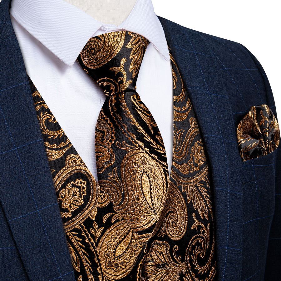 Onyx Black & Gold Silk Paisley Vest Set vest set S (Chest 40")   - Sophisticated Gentlemen