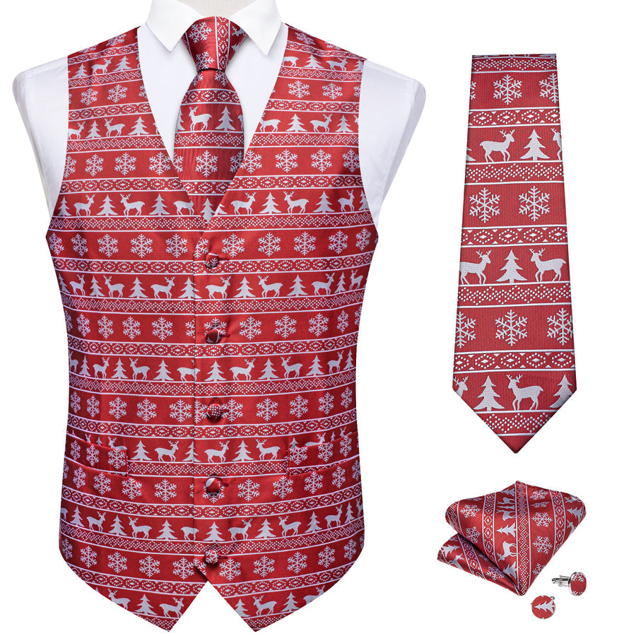 Christmas Red White Elk Novelty Jacquard Silk Vest Set vest set    - Sophisticated Gentlemen