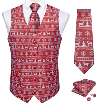 Christmas Red White Elk Novelty Jacquard Silk Vest Set vest set    - Sophisticated Gentlemen