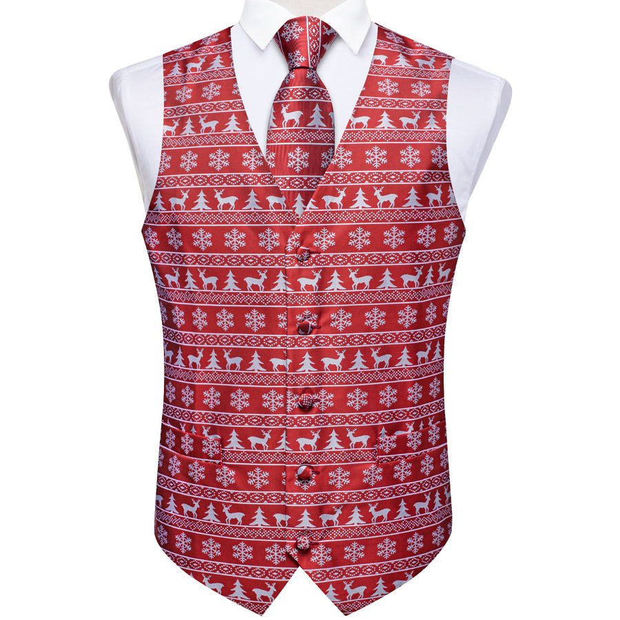 Christmas Red White Elk Novelty Jacquard Silk Vest Set vest set    - Sophisticated Gentlemen
