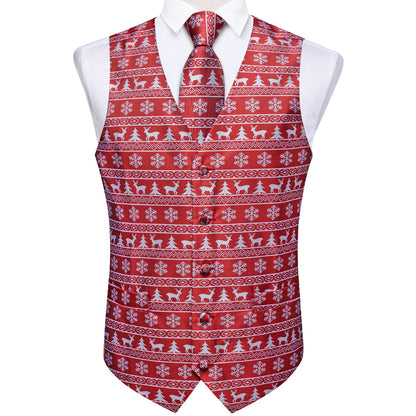 Christmas Red White Elk Novelty Jacquard Silk Vest Set vest set    - Sophisticated Gentlemen