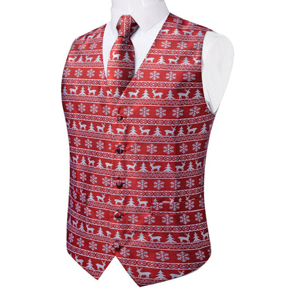 Christmas Red White Elk Novelty Jacquard Silk Vest Set vest set    - Sophisticated Gentlemen