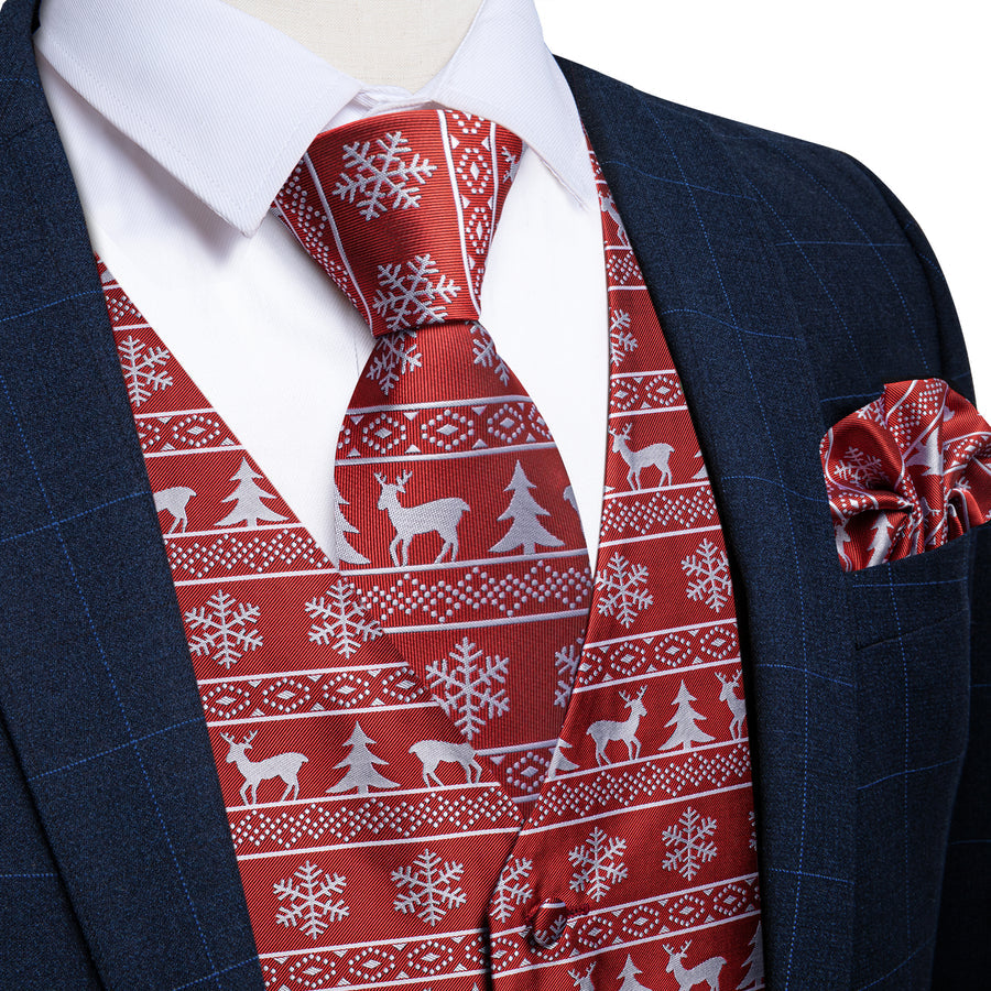 Christmas Red White Elk Novelty Jacquard Silk Vest Set vest set S (Chest 40")   - Sophisticated Gentlemen