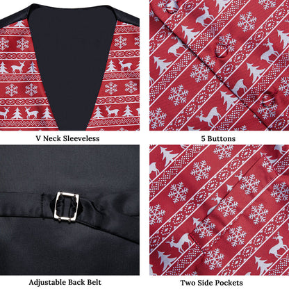 Christmas Red White Elk Novelty Jacquard Silk Vest Set vest set    - Sophisticated Gentlemen