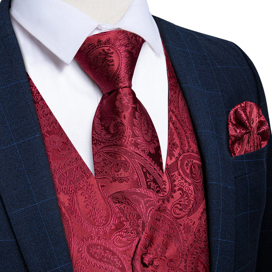 Classic Red Paisley Silk Collar Vest & Bowtie Set vest set S (Chest 40") - Sophisticated Gentlemen