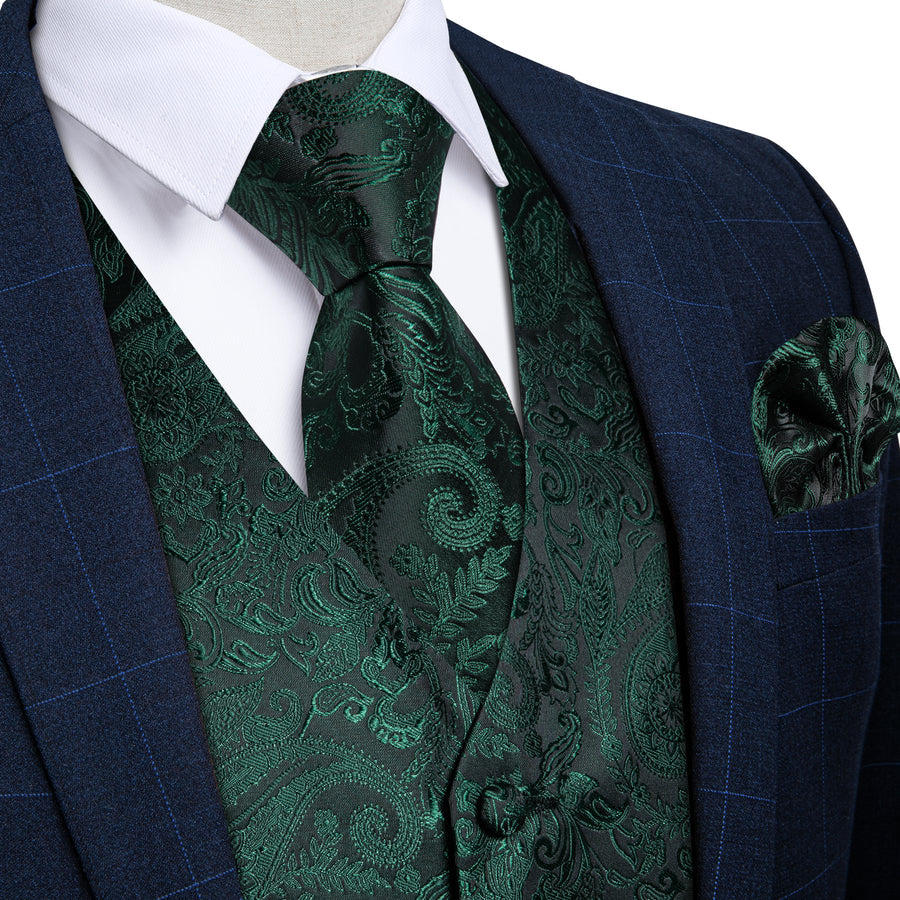 Emerald Green Paisley Silk Vest Set vest set S (Chest 40")   - Sophisticated Gentlemen